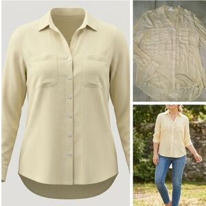 BeachLunchLounge Collection Long Sleeve Striped Button-Up, XS, Hi-Low Hem